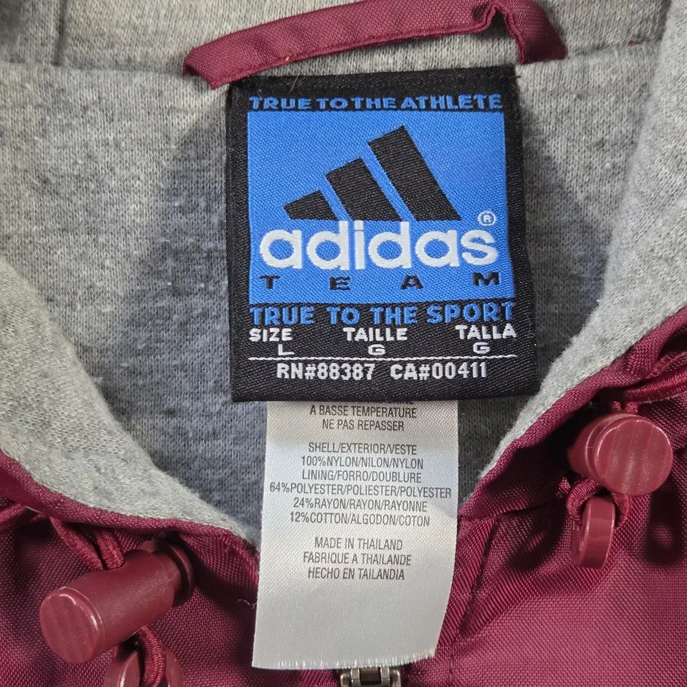 Vintage Adidas Jacket Mens Large Maroon Hooded Full Zip Striped Team Lined 90s